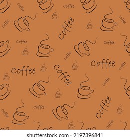 Vector coffee cup seamless pattern. Abstract line backdrop illustration with handwritten lettering. Wallpaper, background, fabric, textile, print, wrapping paper or package design.