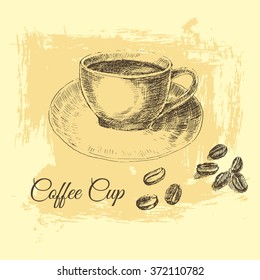 vector coffee cup sketch drawing with coffee beans. vintage hot drink designer template