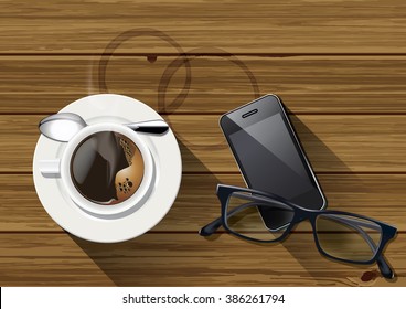 Vector coffee cup, smart phone, and glasses on wood background. Flat lays style