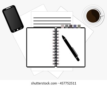 Vector coffee cup, smart phone, pencil and notepad on desk