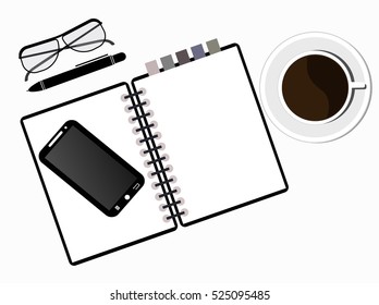 Vector coffee cup, smart phone, pencil and notepad on desk