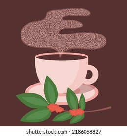 Vector coffee cup with smoke and coffee bean plant flat illustration. Flat coffee cup vector print