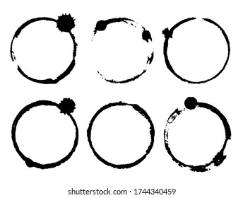 Vector coffee cup stain set. Grunge circle brush stroke, design elements. Black Round Frames