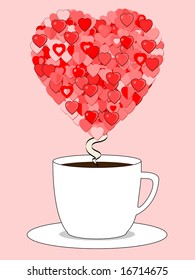 Vector Coffee cup with steam curling up into a heart made out of many types of smaller hearts
