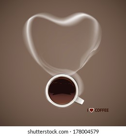 Vector coffee cup with steam heart. Loving coffee concept.