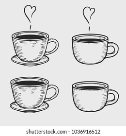 Vector coffee cup or tea cups engraving on light background. Vintage hand drawn bages set. Illustration for menu, ads.