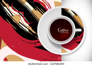 Vector Coffee Cup with trendy modern painting on a saucer and Abstract art background. Grunge texture  for business coffee break concept, interior decoration, coffee shop, restaurant menu