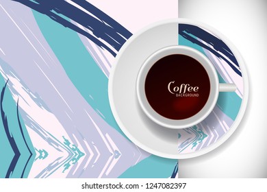 Vector Coffee Cup with trendy modern painting on a saucer and Abstract art background. Grunge texture  for business coffee break concept, interior decoration, coffee shop, restaurant menu