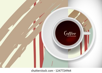Vector Coffee Cup with trendy modern painting on a saucer and Abstract art background. Grunge texture  for business coffee break concept, interior decoration, coffee shop, restaurant menu