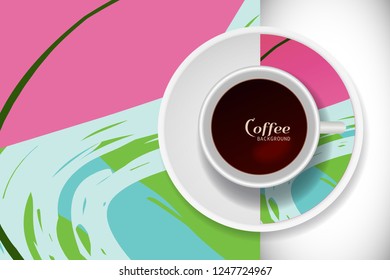 Vector Coffee Cup with trendy modern painting on a saucer and Abstract art background. Grunge texture  for business coffee break concept, interior decoration, coffee shop, restaurant menu