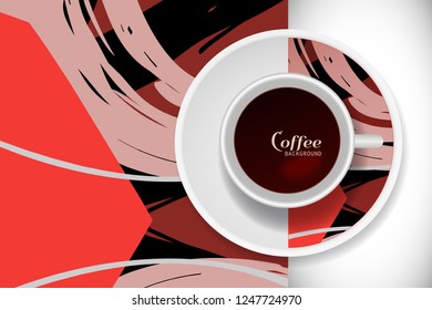 Vector Coffee Cup with trendy modern painting on a saucer and Abstract art background. Grunge texture  for business coffee break concept, interior decoration, coffee shop, restaurant menu