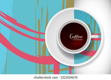 Vector Coffee Cup with trendy modern painting on a saucer and Abstract art background. Grunge texture  for business coffee break concept, interior decoration, coffee shop, restaurant menu
