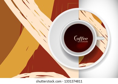 Vector Coffee Cup with trendy modern painting on a saucer and Abstract art background. Grunge texture  for business coffee break concept, interior decoration, coffee shop, restaurant menu