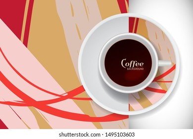 Vector Coffee Cup with trendy modern painting on a saucer and Abstract art background. Grunge texture  for business coffee break concept, interior decoration, coffee shop, restaurant menu