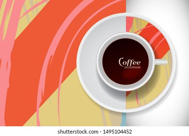 Vector Coffee Cup with trendy modern painting on a saucer and Abstract art background. Grunge texture  for business coffee break concept, interior decoration, coffee shop, restaurant menu
