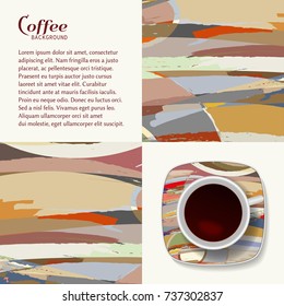 Vector Coffee Cup with trendy modern painting on a saucer, isolated elements. Business coffee break concept, interior decoration. Abstract art background, grunge texture, brushstrokes of paint