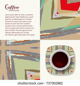 Vector Coffee Cup with trendy modern painting on a saucer, isolated elements. Business coffee break concept, interior decoration. Abstract art background, grunge texture, brushstrokes of paint
