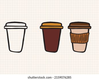 Vector Of Coffee Cups With Doodle Hand Drawn Style On Grid Background. Cartoon Children Drawing. Isolated Cup Togo Icon For Menu, Cafe, Drink, Food Restaurant, Interior, Decoration. Separate Layers.