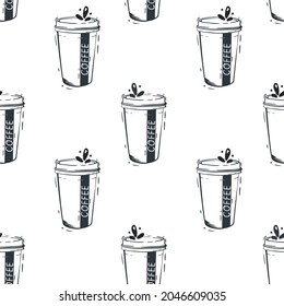 Vector Coffee Cups Line art seamless pattern background. Perfect for fabric, scrapbooking and wallpaper projects.