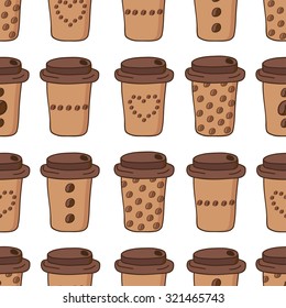 Vector coffee cups seamless pattern, coffee to go cups with different coffee beans patterns