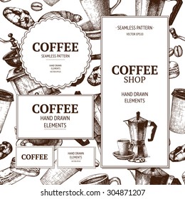 Vector coffee design for cafe or shop with ink hand drawn coffee and dessert illustrations. Vintage coffee sketch background.