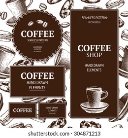 Vector coffee design for cafe or shop with ink hand drawn coffee and dessert illustrations. Vintage coffee sketch background.