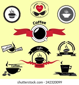 Vector of coffee design elements, icons and vintage labels with coffee cups.