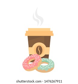 Vector coffee and donuts isolated on white. Coffee time. Paper cup of hot coffee and two colorful donuts. Flat stock vector illustration. For cafe, restaurant, breakfast menu, bakery