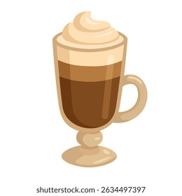 Vector coffee drink in glass with whipped cream, cozy cartoon clipart for cafe and dessert themes.