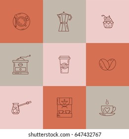 Vector coffee equipment icon set in trendy linear style. Simple elements for  restaurant menu, online shop. Editable stroke