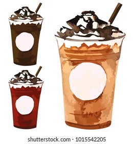 Vector coffee frappe cup to go with cream and chocolate set watercolor illustrated