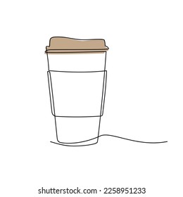 Vector coffee to go paper cup one line continuous drawing. Hand drawn linear silhouette icon. Minimal illustration, design, print, banner, card, wall art poster, brochure, logo, branding.