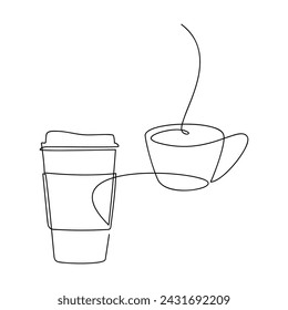 Vector de café para ir taza de papel una línea de dibujo continuo. Icono de silueta lineal dibujado a mano. Ilustración mínima, diseño, impresión, banner, tarjeta, cartel de arte de la pared, folleto, logotipo, marca, signo, símbolo