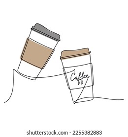 Vector coffee to go paper cups one line continuous drawing illustration. Hand drawn linear silhouette icon. Minimal design element for print, banner, card, wall art poster, brochure.