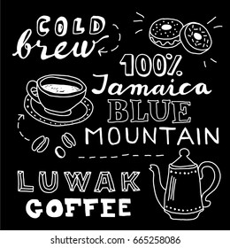 Vector coffee graphics on a black background