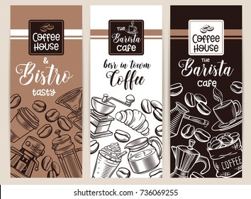 Vector coffee hand drawn banners witch sketch cups, French press, brewer for menu cafe.