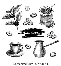 Vector coffee hand drawn sketch .  Sketch vector  food illustration. Vintage style