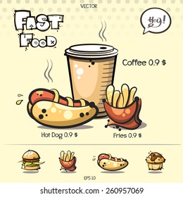 vector. coffee + hot dog and fries. fast food icons set for your design.