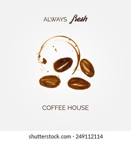 Vector coffee house menu or list design . Watercolor painted coffee cup stains and beans
