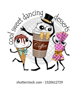 Vector coffee, ice cream and candy. Comic and funny desserts. Hand drawn illustration of cartoon coffee and candy. Print on T-shirts, bags and other fashion products. 