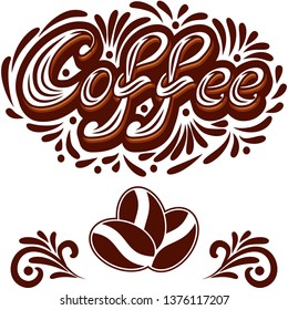 Vector Coffee icon or logo for cafeteria or coffee menu design. Emblem with coffee handwriting lettering, coffee cup and decoration in vintage style. Vector illustration