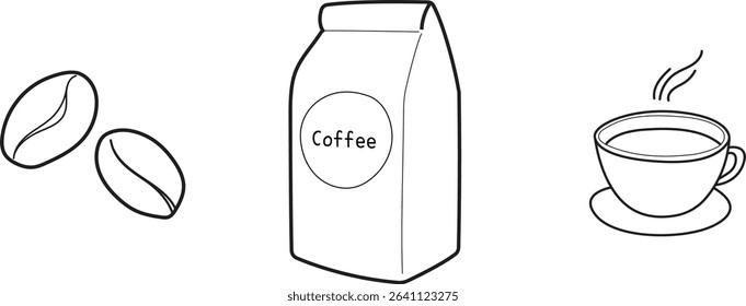 Vector of coffee icon and logo. Simple and modern line art of coffee bean, coffee cup and coffee package. 