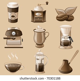 Vector coffee icon set isolated on brown background.