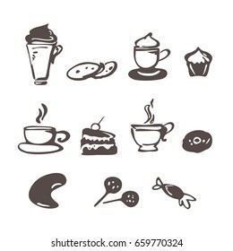 Vector coffee icons doodle style.  Hand drawn coffee set, coffee mug,  desserts, Cookies, cake.