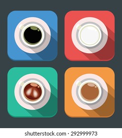 Vector coffee icons, flat design for four icons, top view, vector illustration