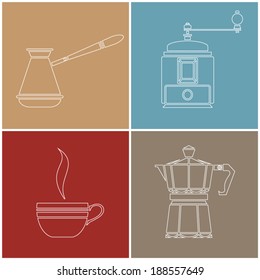 Vector coffee icons set. Coffee cup and coffeemaker set. Vector illustration