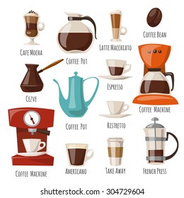 Vector coffee icons.Flat coffee icons. Food and drink elements. Coffee poster.