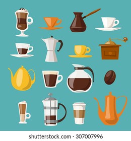 Vector coffee icons.Flat coffee icons. Food and drink elements. 