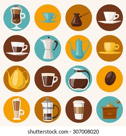 Vector coffee icons.Flat coffee icons. Food and drink elements. 