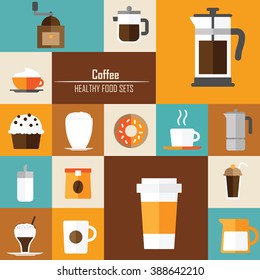 Vector coffee icons.Flat coffee icons. Food and drink elements. Coffee poster.